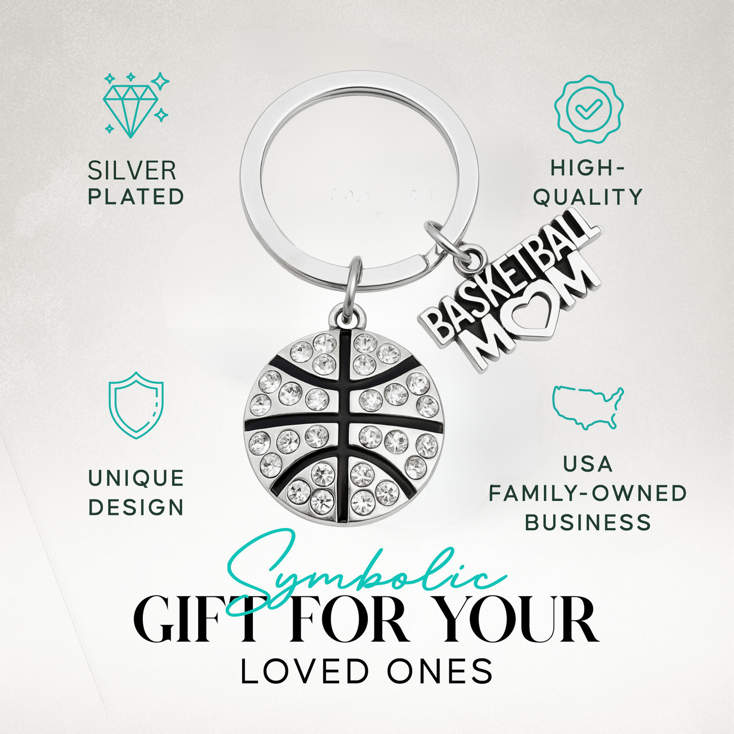 Product packaging with icons showing hypoallergenic and durable materials for keychain