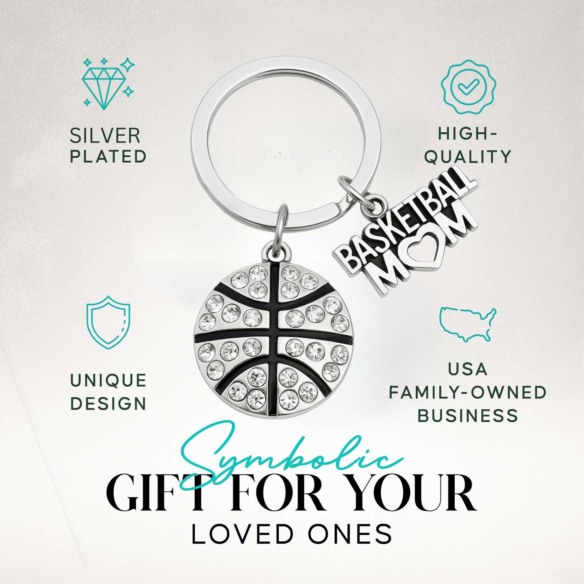 Product packaging with icons showing hypoallergenic and durable materials for keychain