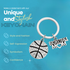 Feature image on blue background highlighting Basketball Mom keychain and quality features