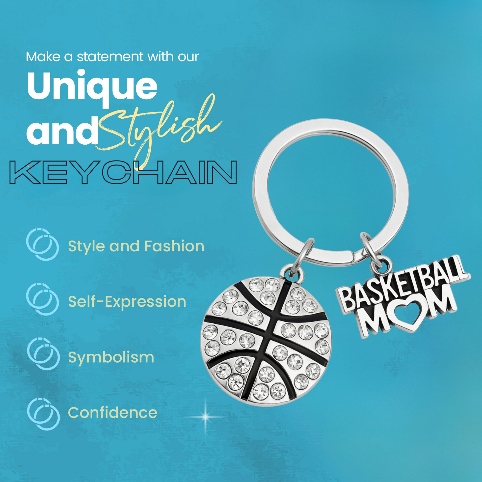 Feature image on blue background highlighting Basketball Mom keychain and quality features