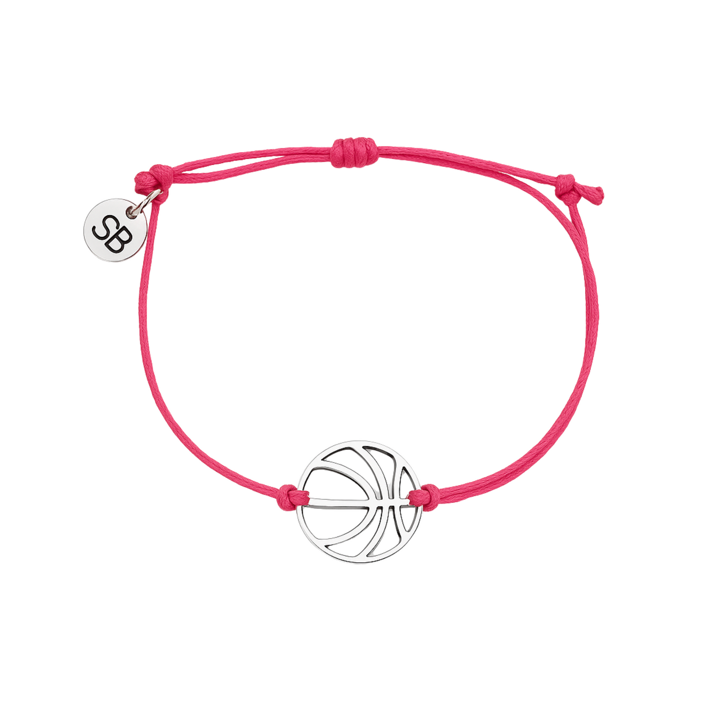 Pink wax-coated bracelet featuring basketball charm and adjustable fit for girls