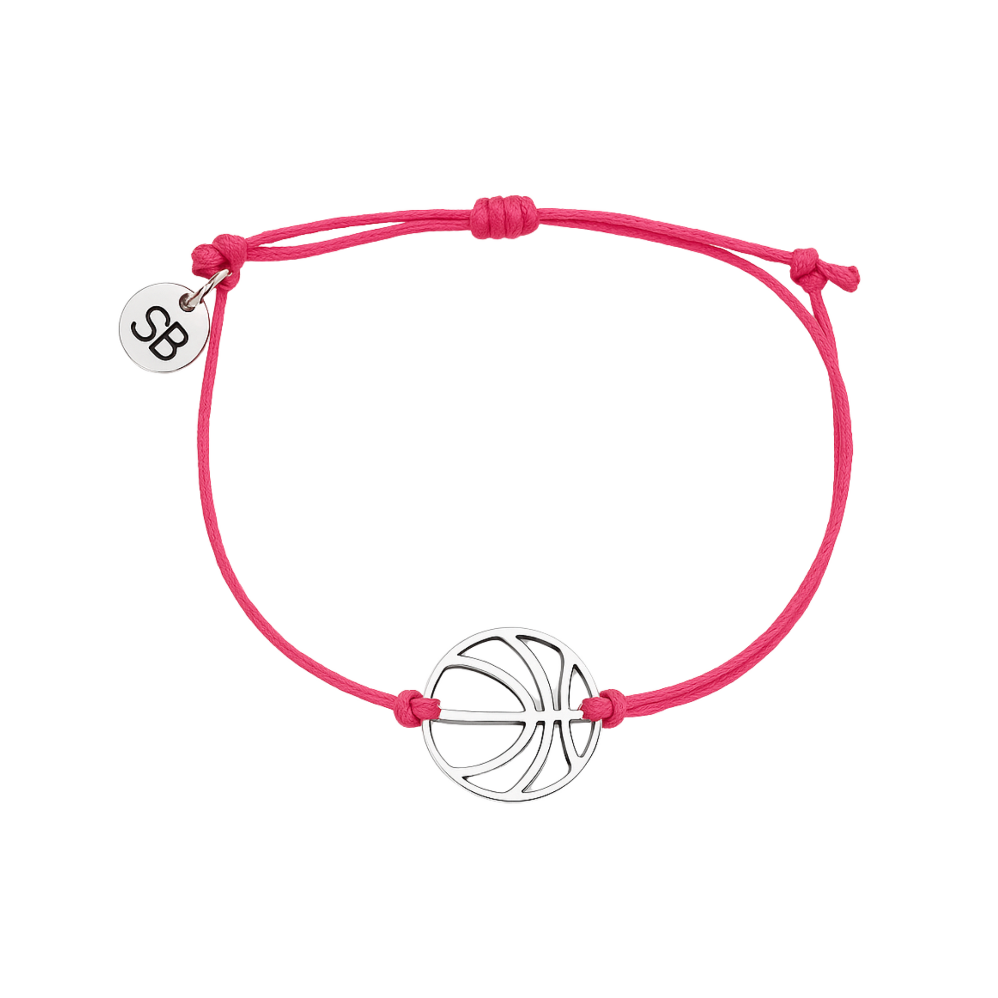 Pink wax-coated bracelet featuring basketball charm and adjustable fit for girls