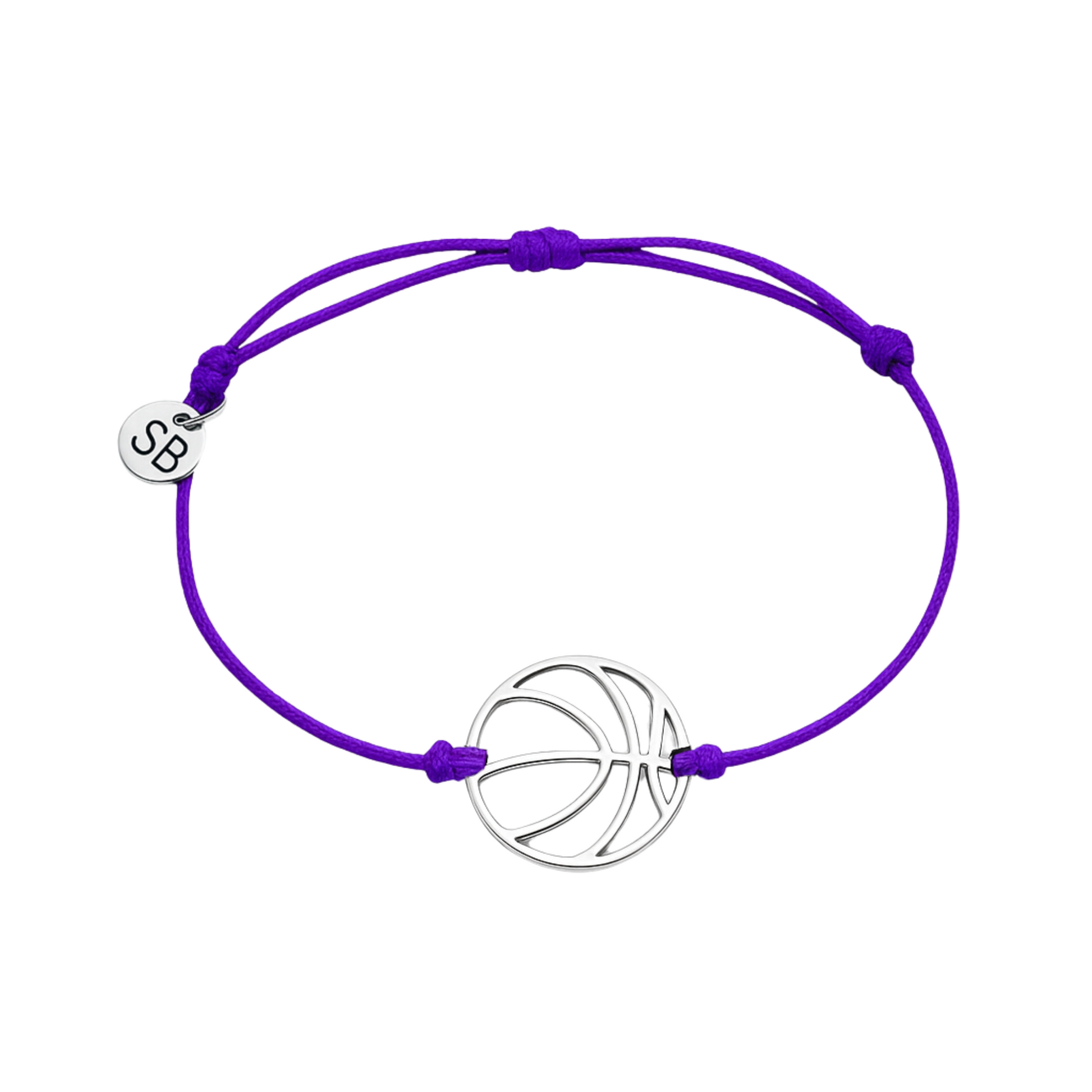 Purple basketball charm bracelet with adjustable rope and stainless steel pendant