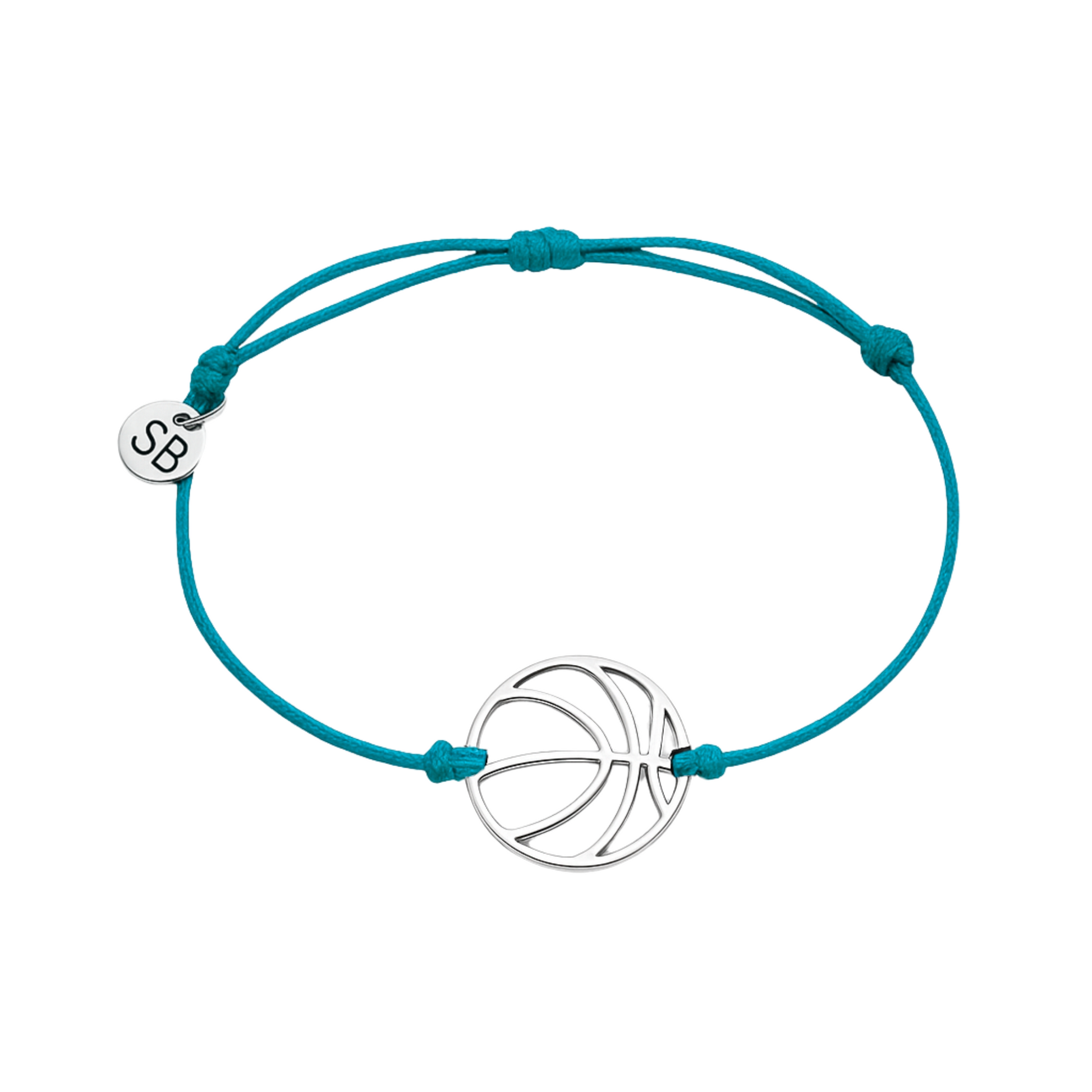 Aqua blue basketball charm bracelet with silver-tone charm on waterproof cord
