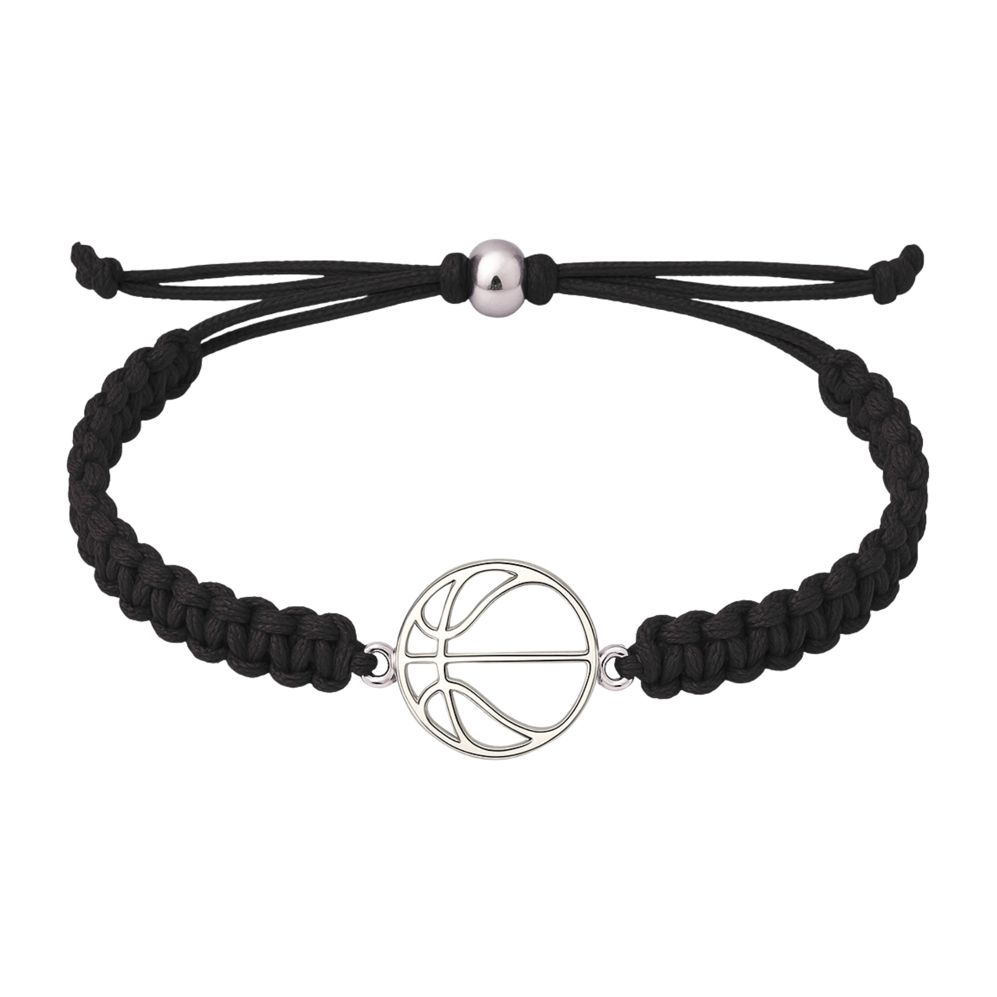 Black basketball rope bracelet with stainless steel basketball charm and adjustable braided cord, unisex design