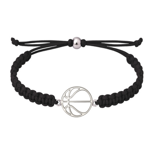 Black basketball rope bracelet with stainless steel basketball charm and adjustable braided cord, unisex design