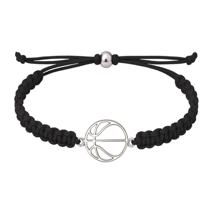 Black basketball rope bracelet with stainless steel basketball charm and adjustable braided cord, unisex design