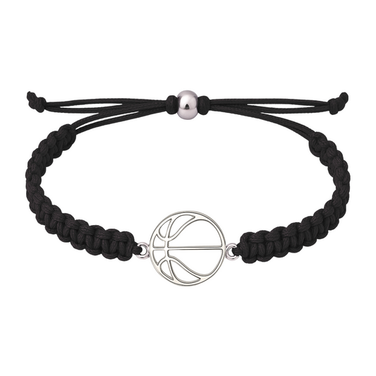 Black basketball rope bracelet with stainless steel basketball charm and adjustable braided cord, unisex design