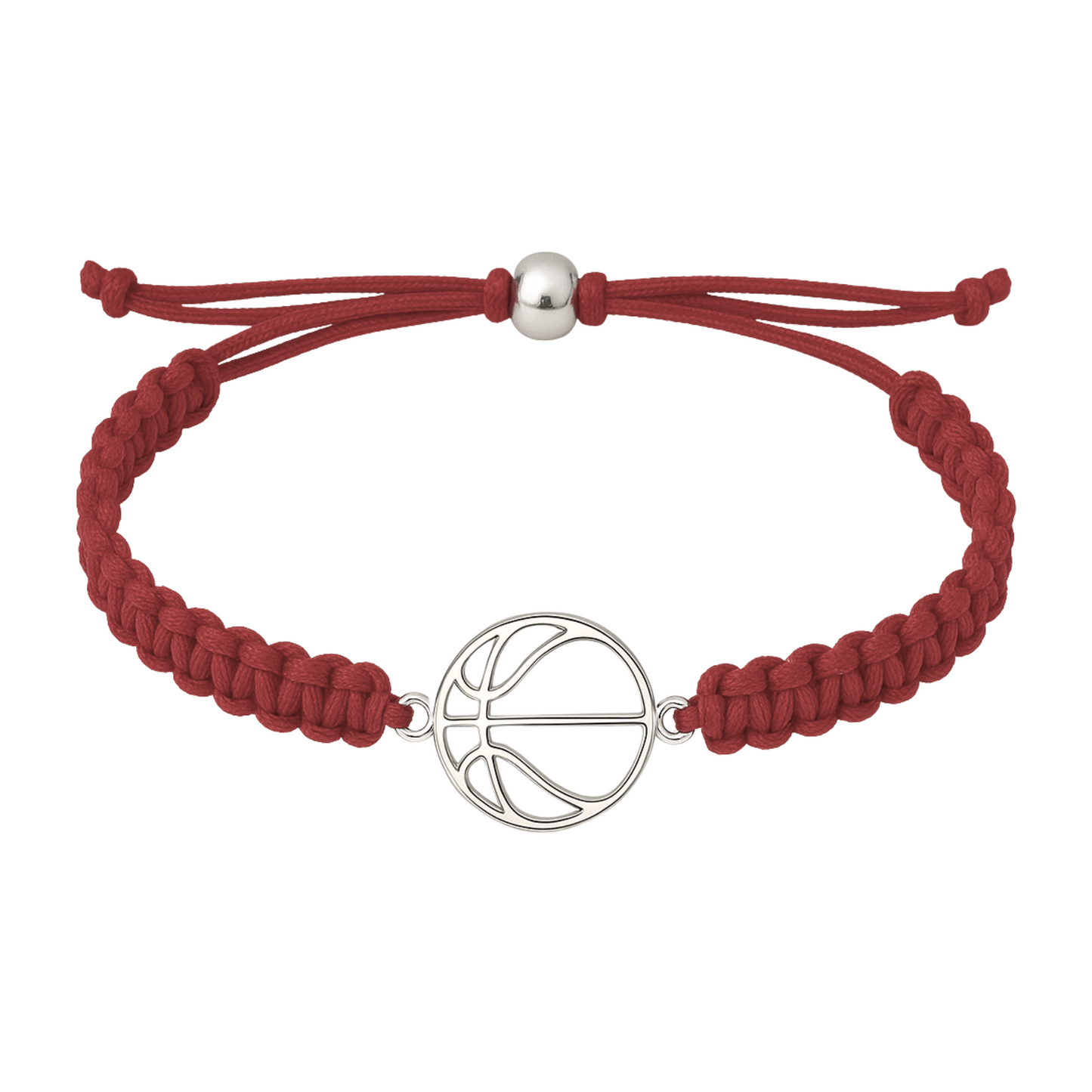 Marron red braided basketball bracelet with silver-tone basketball charm, stylish and sporty gift for athletes