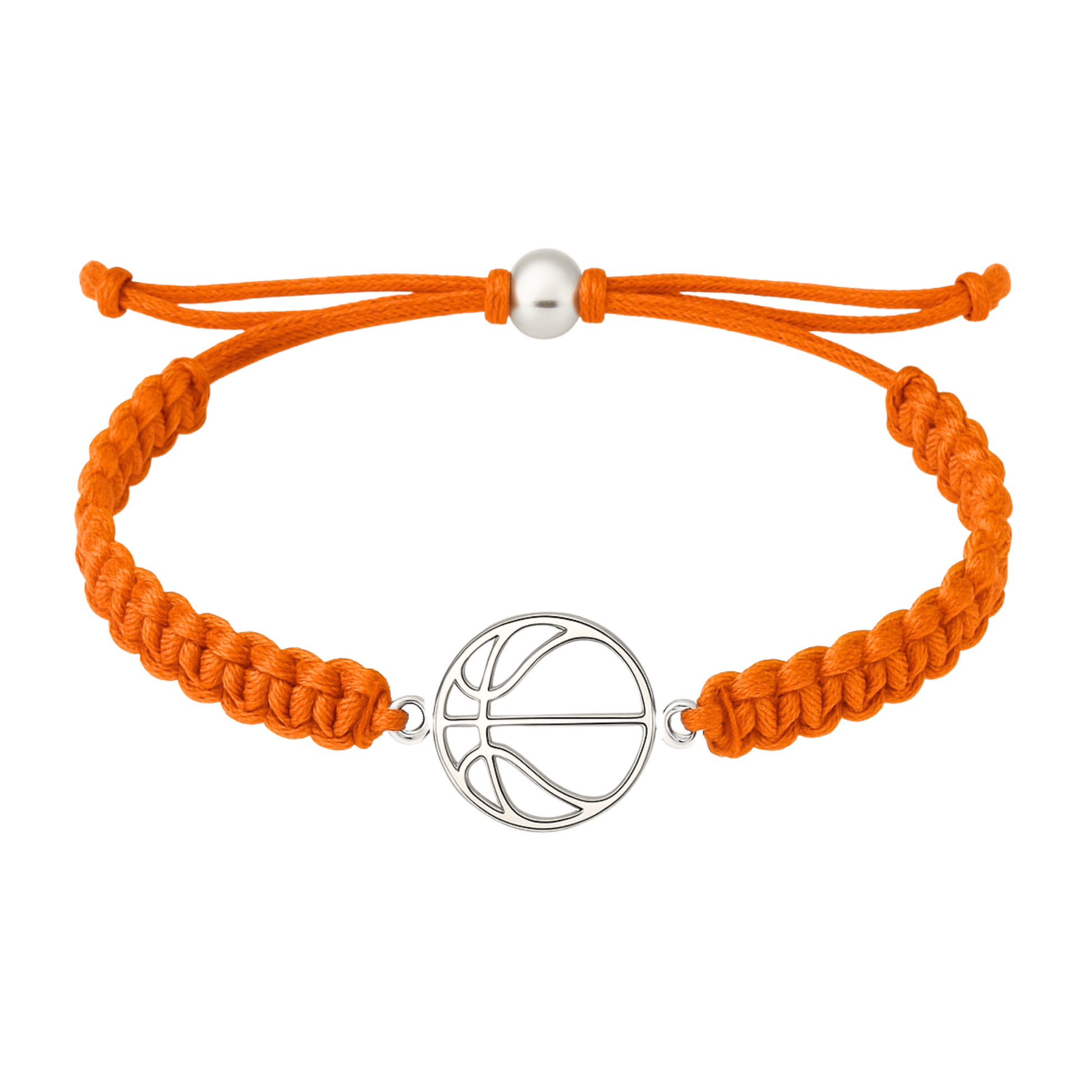 Orange basketball bracelet with silver-tone charm, adjustable design fits wrists 5" to 8"