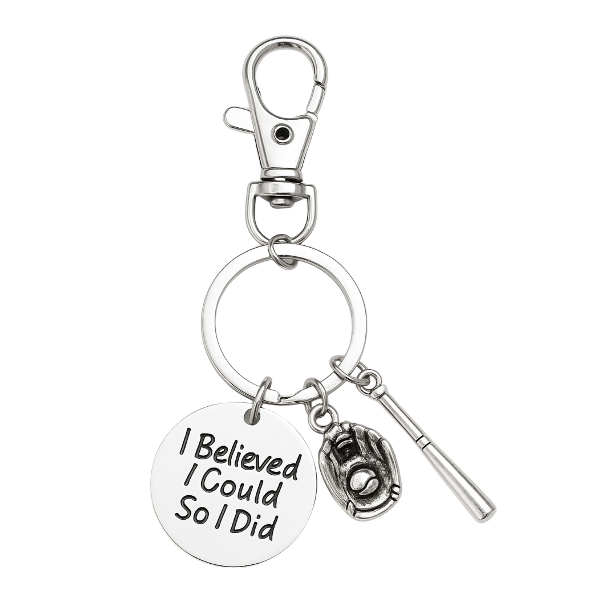 Inspirational softball keychain with engraved “I Believed I Could So I Did” charm, bat, and glove