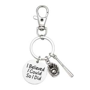 Inspirational softball keychain with engraved “I Believed I Could So I Did” charm, bat, and glove