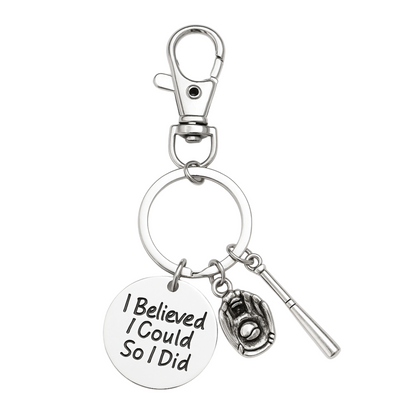 Inspirational softball keychain with engraved “I Believed I Could So I Did” charm, bat, and glove