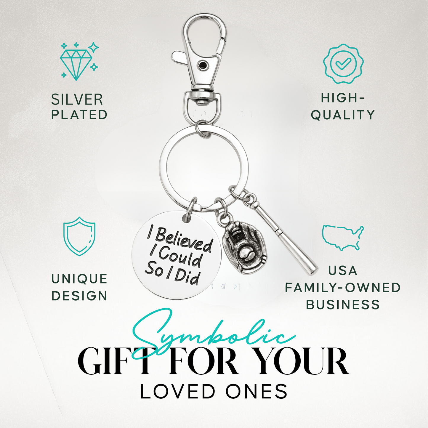 Packaging image featuring softball keychain with stainless steel icons and gift messaging