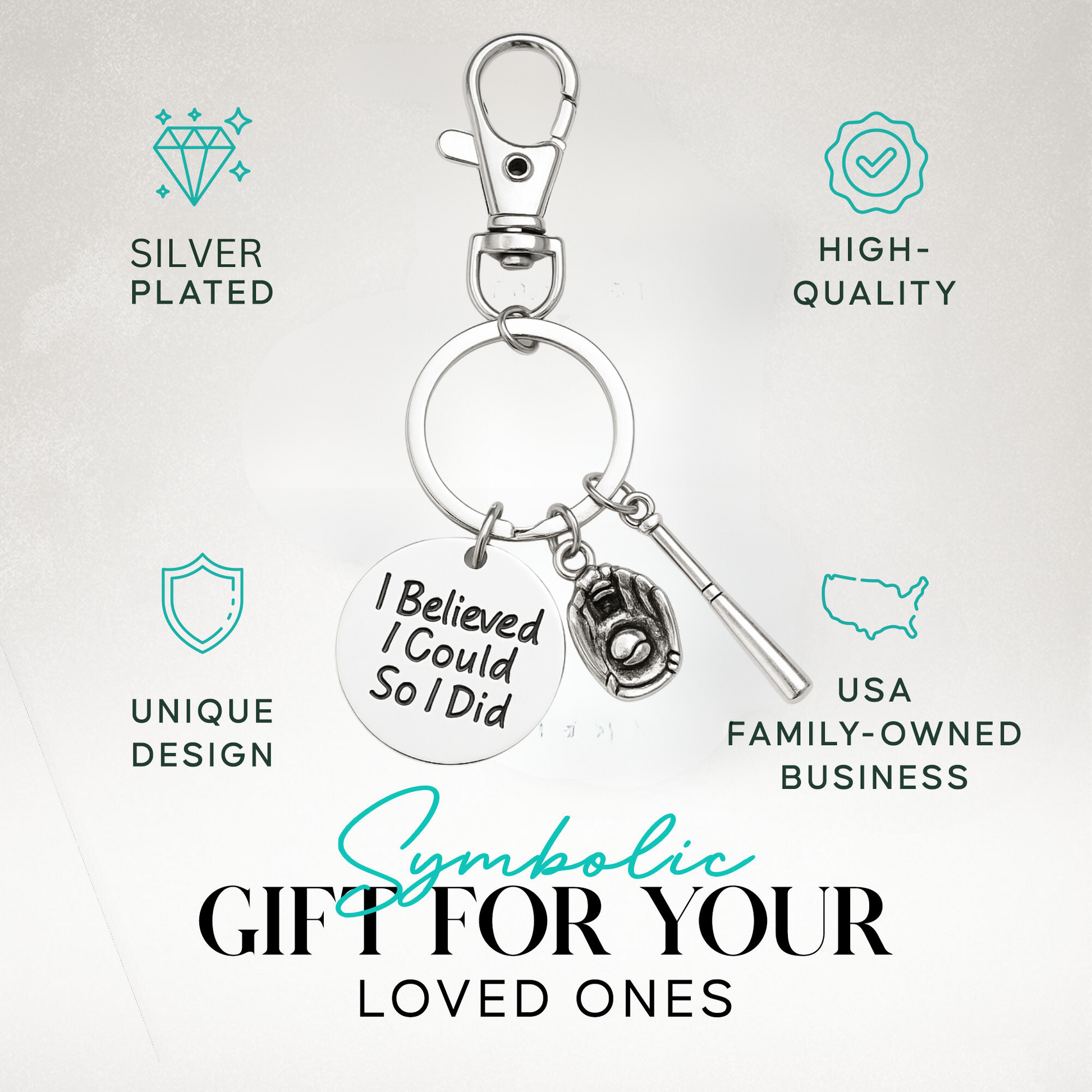 Packaging image featuring softball keychain with stainless steel icons and gift messaging