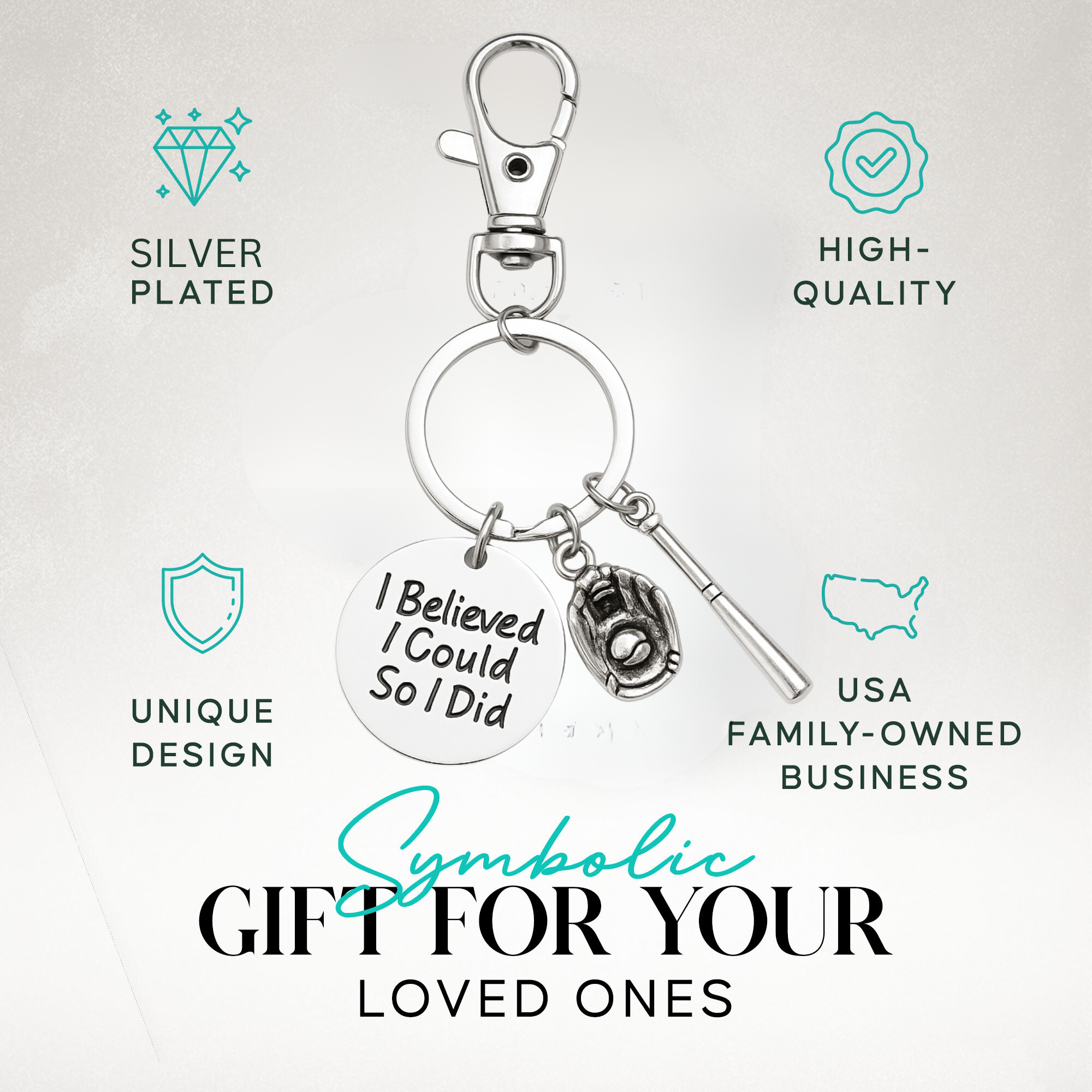 Packaging image featuring softball keychain with stainless steel icons and gift messaging