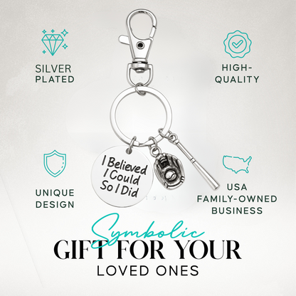 Packaging image featuring softball keychain with stainless steel icons and gift messaging