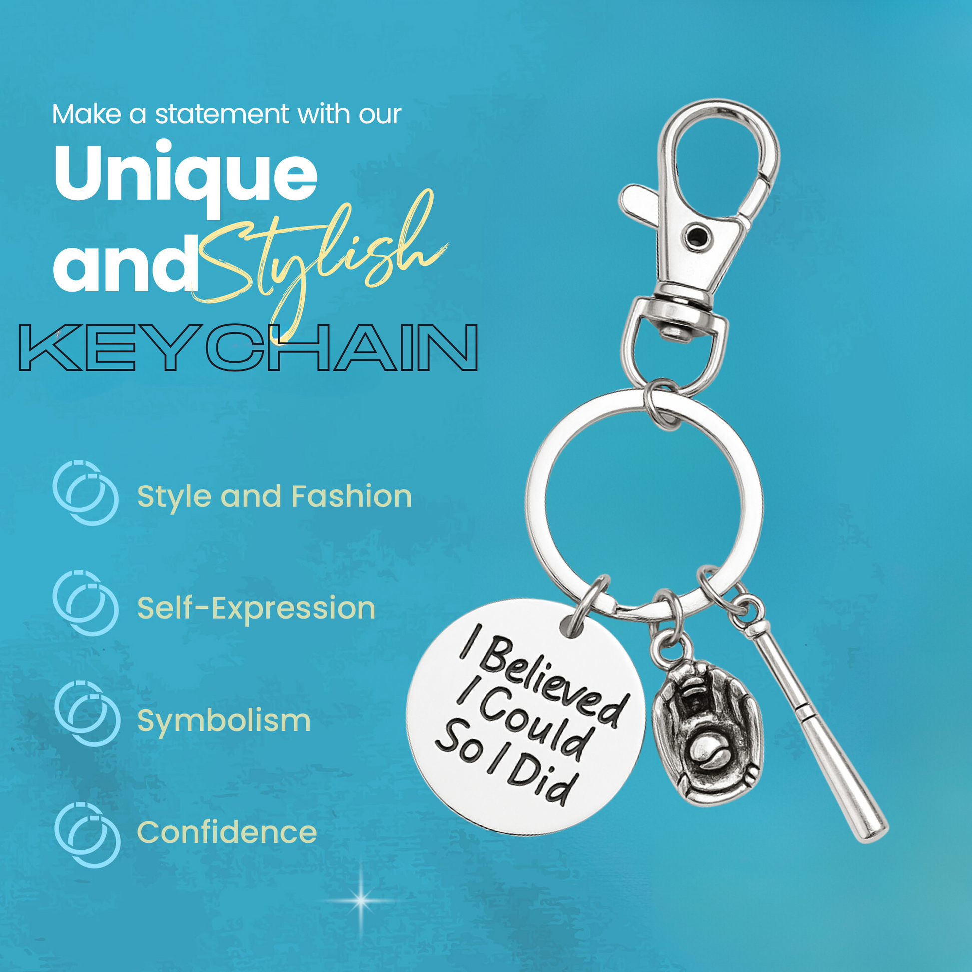 Blue product feature card showing motivational keychain charms and hypoallergenic materials