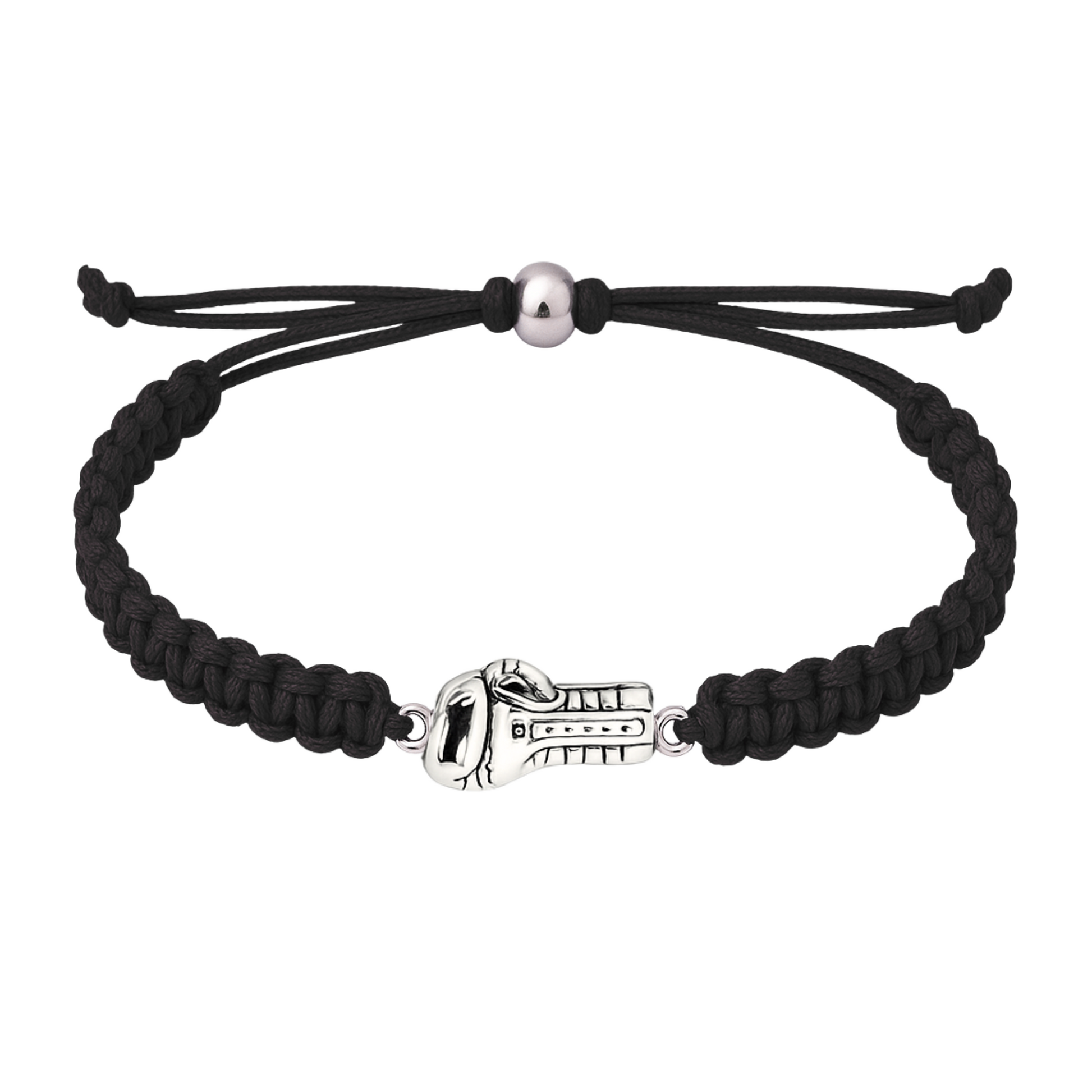 Black braided boxing glove bracelet with silver-tone glove charm and adjustable slip knot closure, unisex design for athletes
