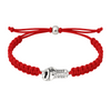 Red braided boxing bracelet shown coiled flat with silver glove centerpiece, adjustable sizing included