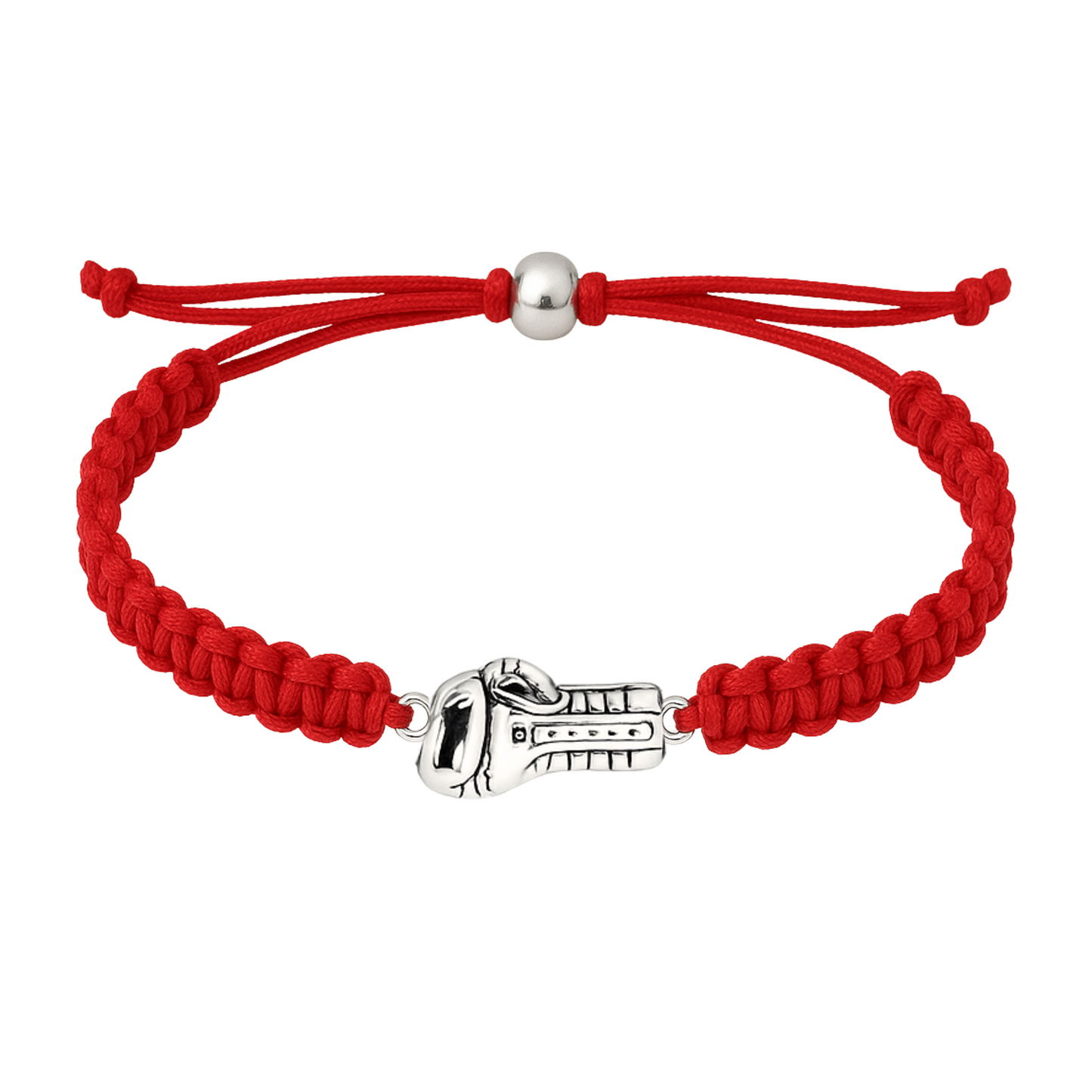 Red braided boxing bracelet shown coiled flat with silver glove centerpiece, adjustable sizing included