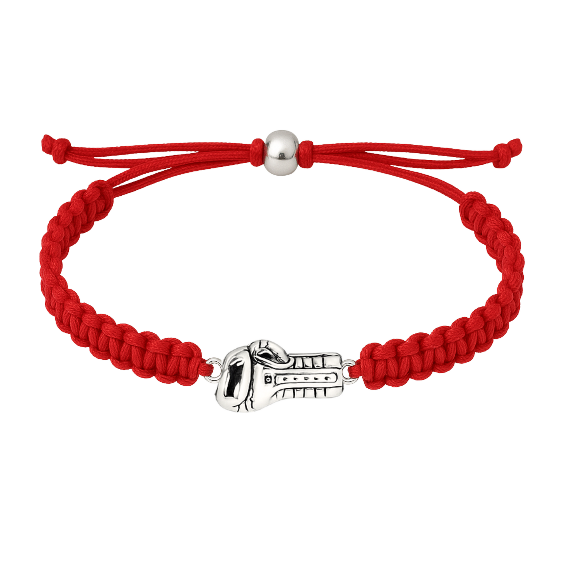 Red braided boxing bracelet shown coiled flat with silver glove centerpiece, adjustable sizing included