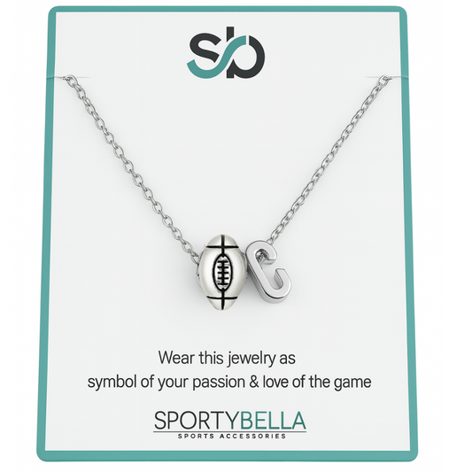 silver football necklace with initial charm for women, girls