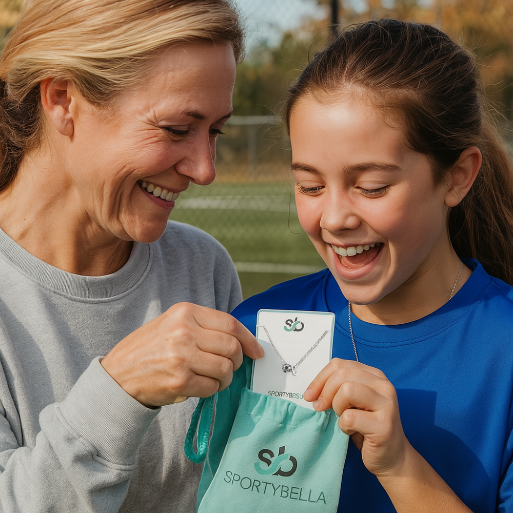 Soccer jewelry gift featuring silver initial letter and soccer ball charm on chain necklace