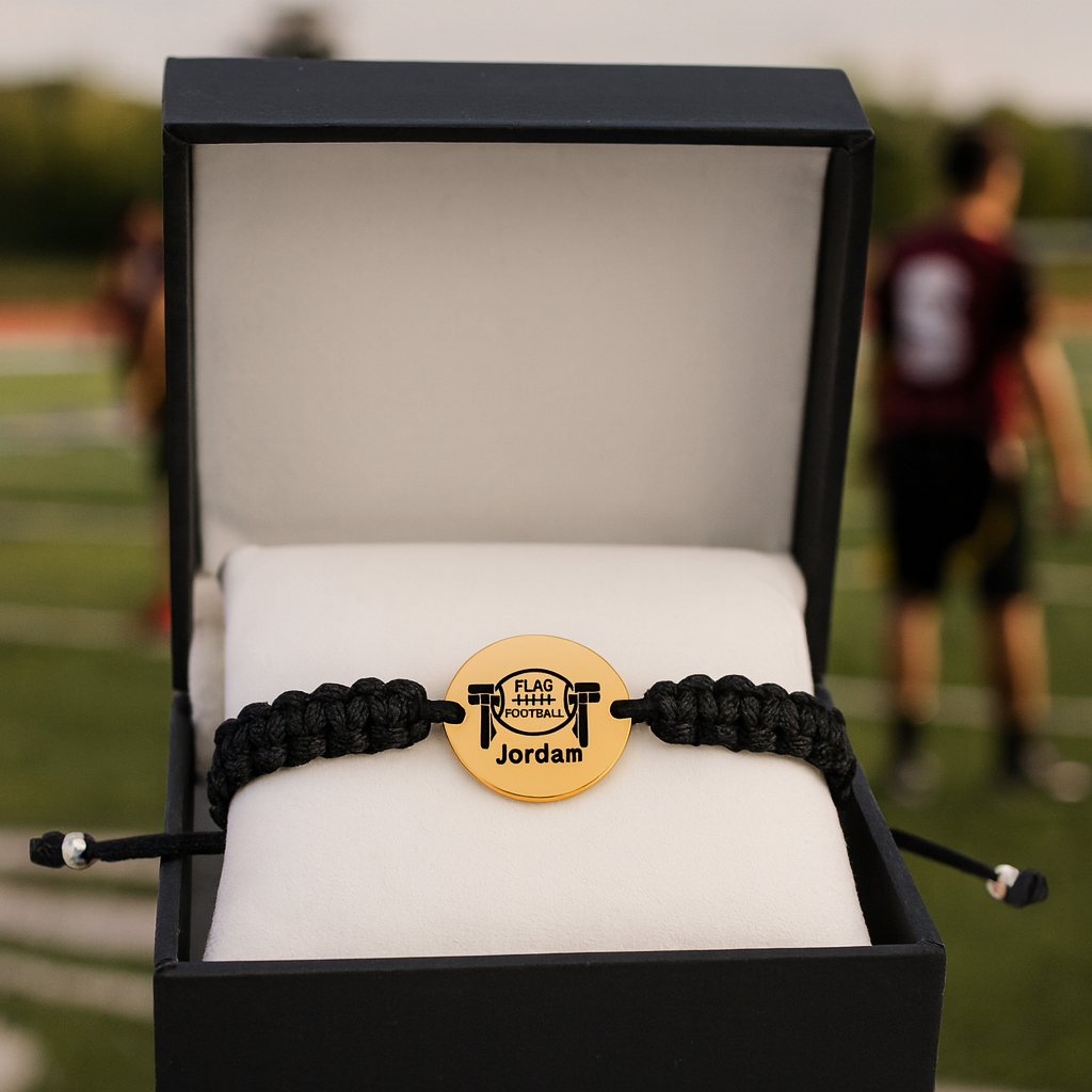 Personalized Flag Football Rope Bracelet – Gold or Silver | Heart or Round Shape