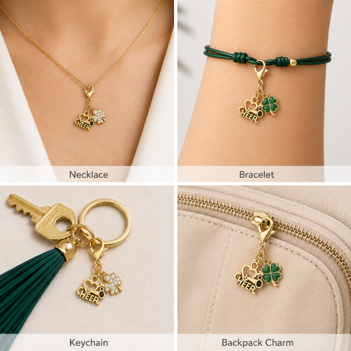 Cheer Four Leaf Clover Lucky Gold Clip on Charm