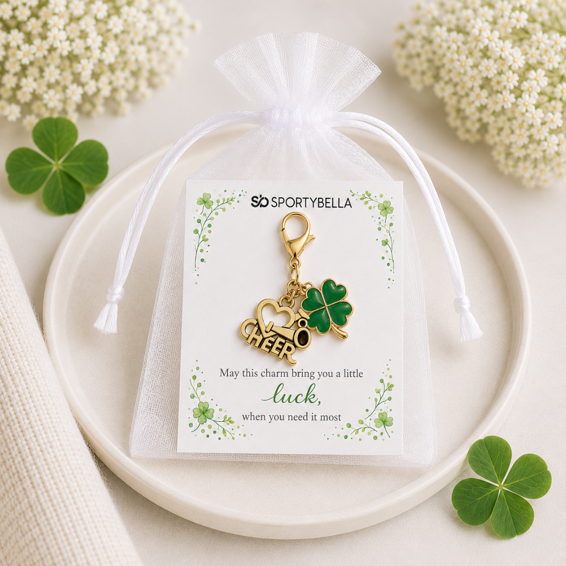 Sports Four Leaf Crystal Clover Lucky Clip on Charm - Gold