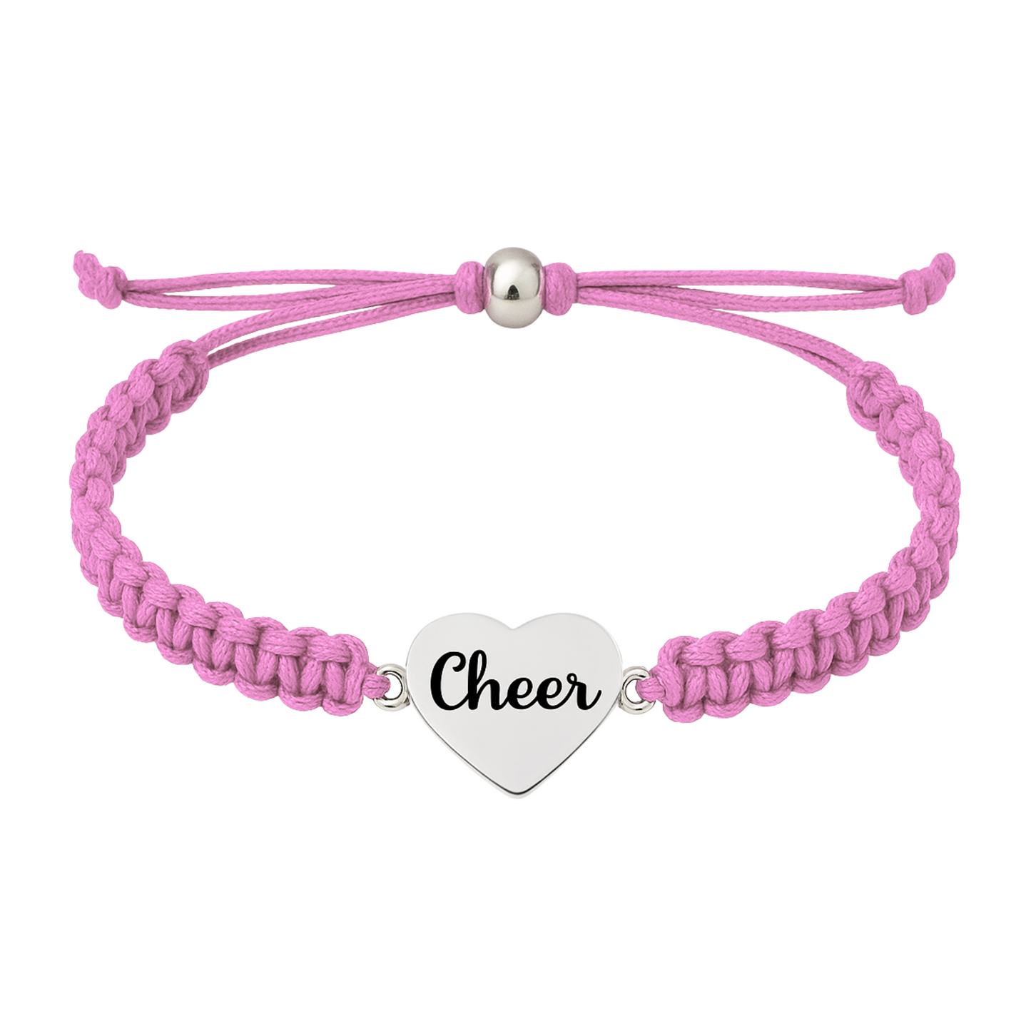 Light pink cheer rope bracelet with engraved heart charm, perfect gift for young cheerleaders