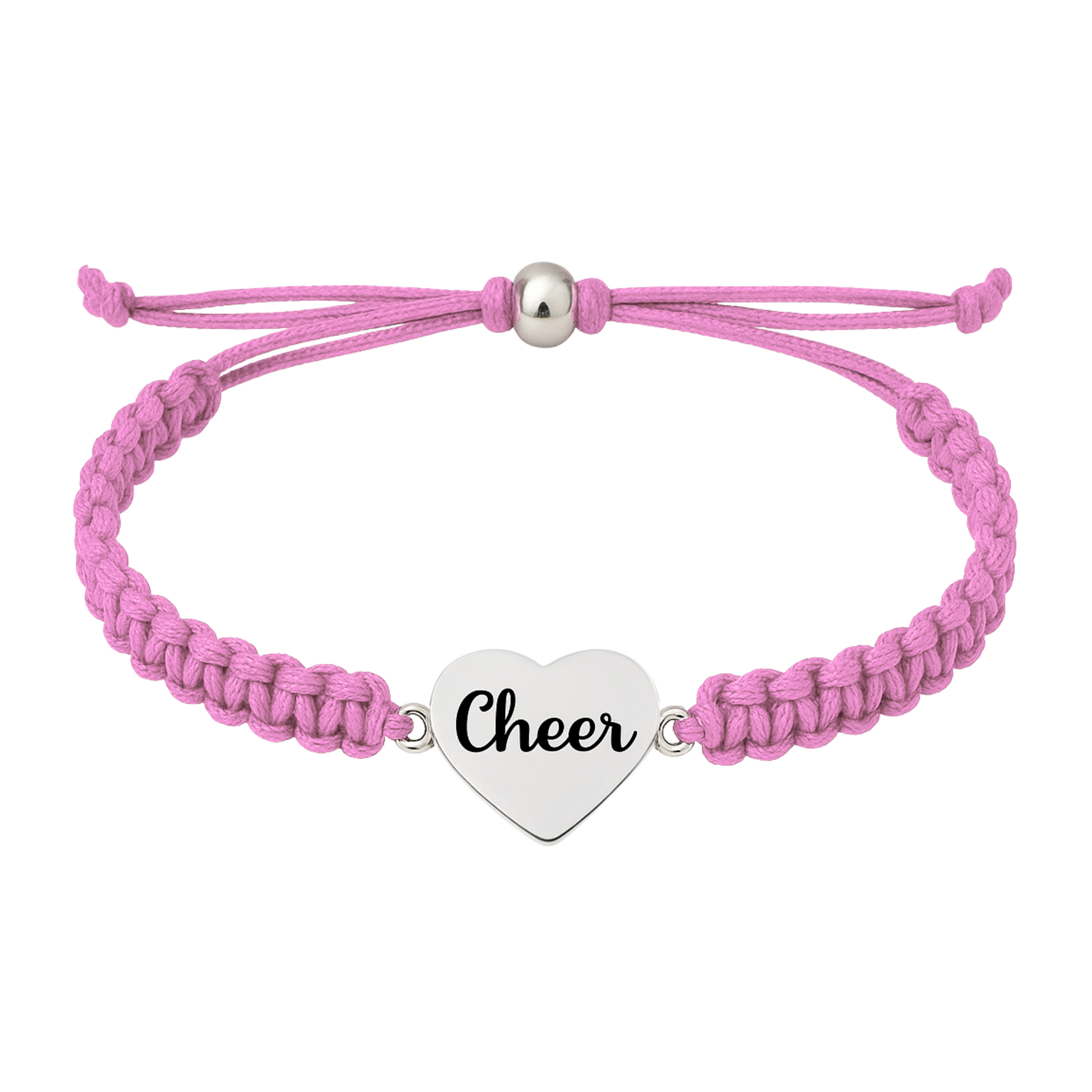 Light pink cheer rope bracelet with engraved heart charm, perfect gift for young cheerleaders
