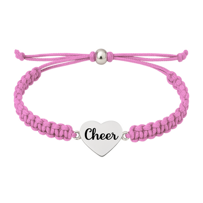 Light pink cheer rope bracelet with engraved heart charm, perfect gift for young cheerleaders