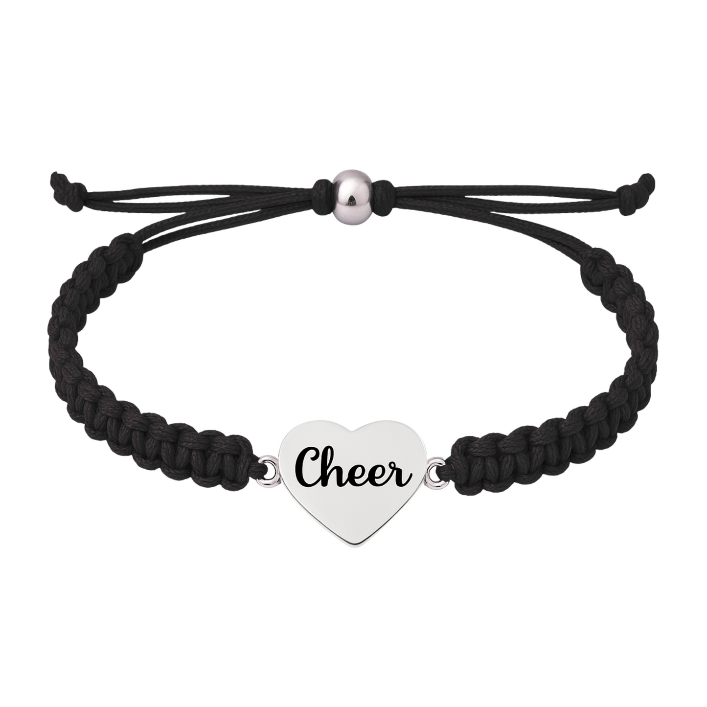 Black cheer rope bracelet with silver plated heart charm, hypoallergenic and unisex fit