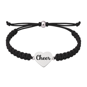 Black cheer rope bracelet with silver plated heart charm, hypoallergenic and unisex fit