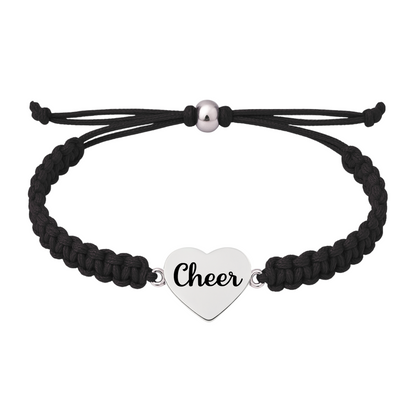 Black cheer rope bracelet with silver plated heart charm, hypoallergenic and unisex fit