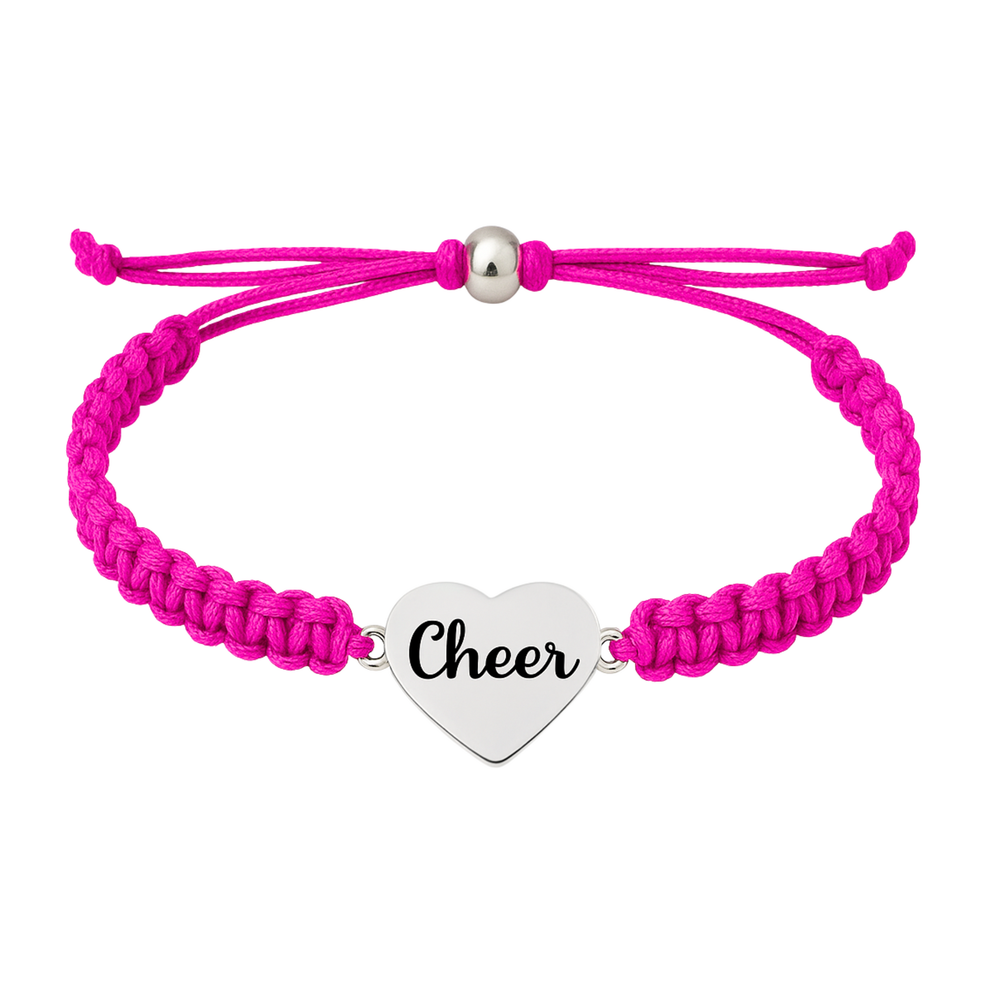 Hot pink cheer bracelet with engraved heart charm and woven cord, perfect gift for cheerleaders