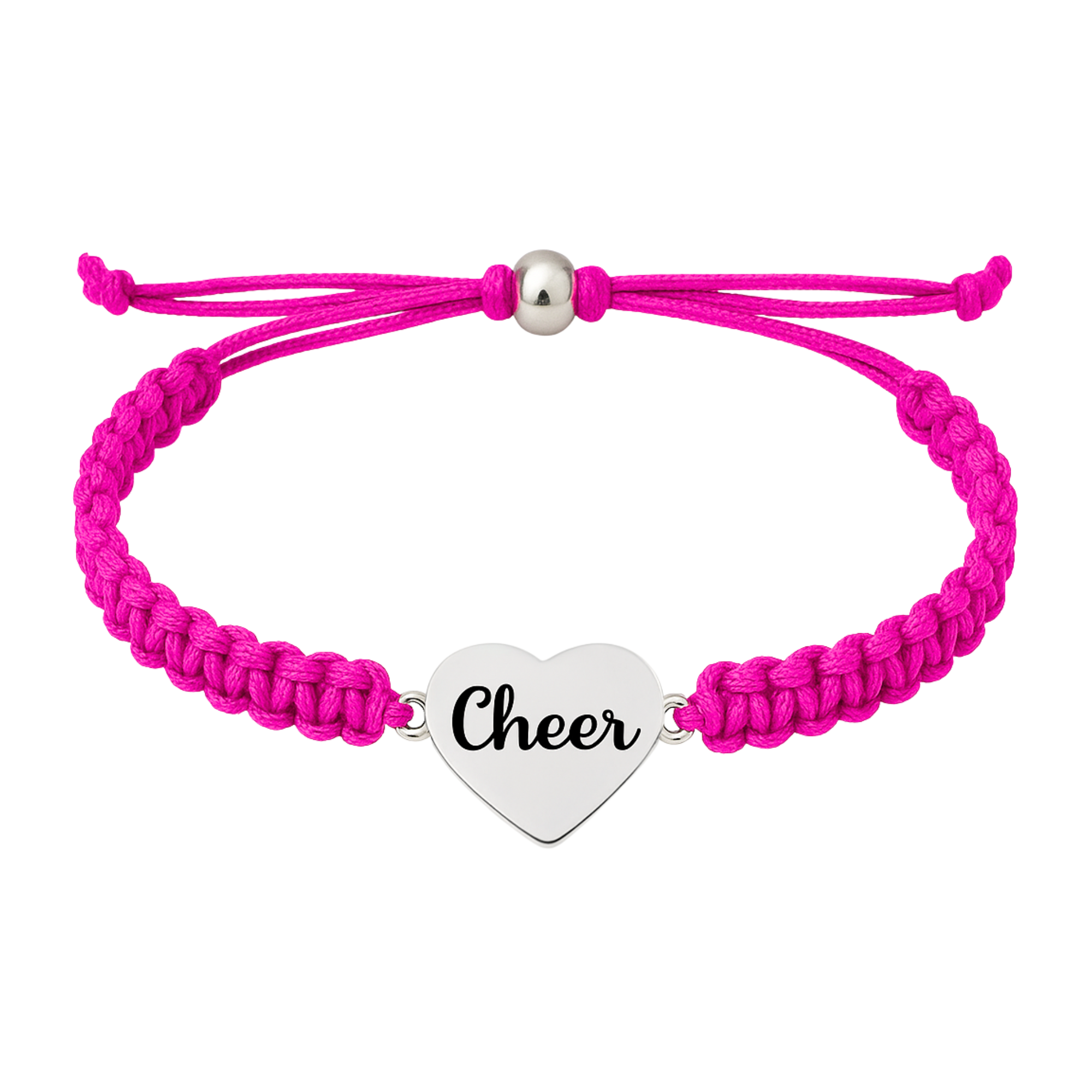 Hot pink cheer bracelet with engraved heart charm and woven cord, perfect gift for cheerleaders