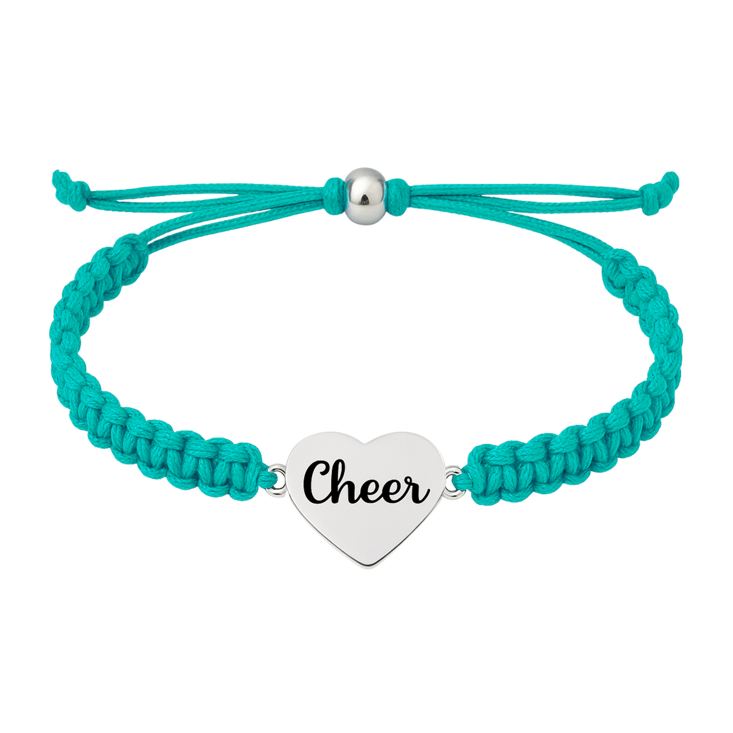 Turquoise braided cheer bracelet with durable cord and silver-tone charm, sporty and stylish
