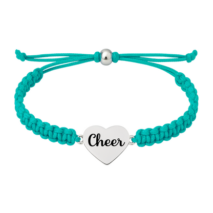 Turquoise braided cheer bracelet with durable cord and silver-tone charm, sporty and stylish