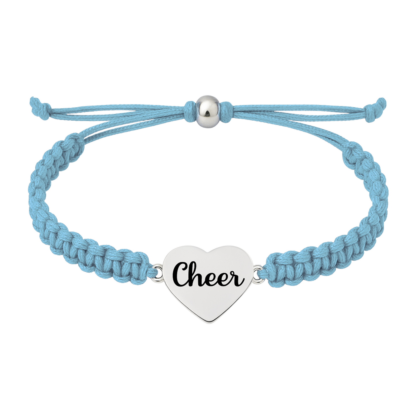 Light blue cheer heart bracelet with soft braided design and adjustable sizing for all wrists