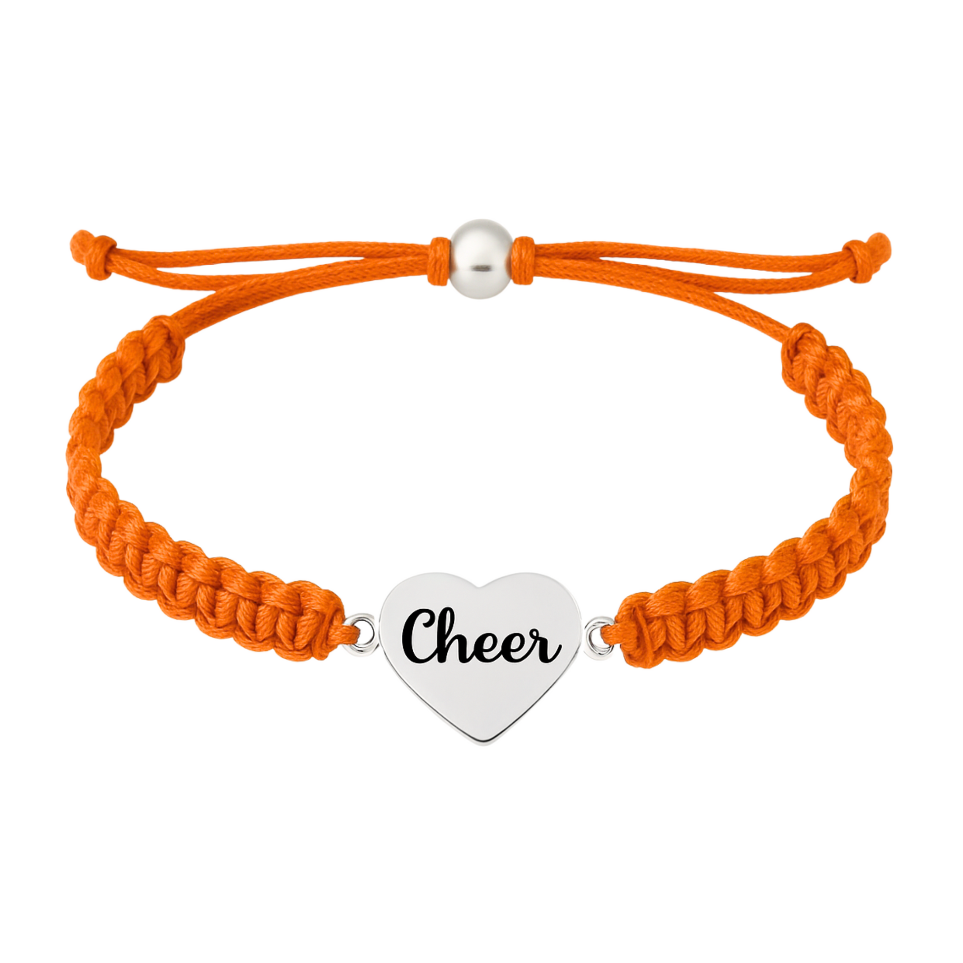 Orange cheer rope bracelet with silver heart charm, vibrant and fun gift for team members