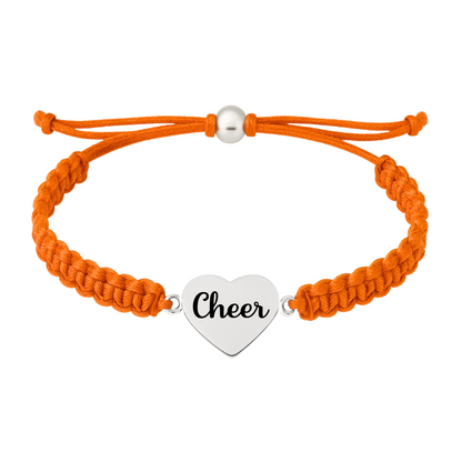 Orange cheer rope bracelet with silver heart charm, vibrant and fun gift for team members