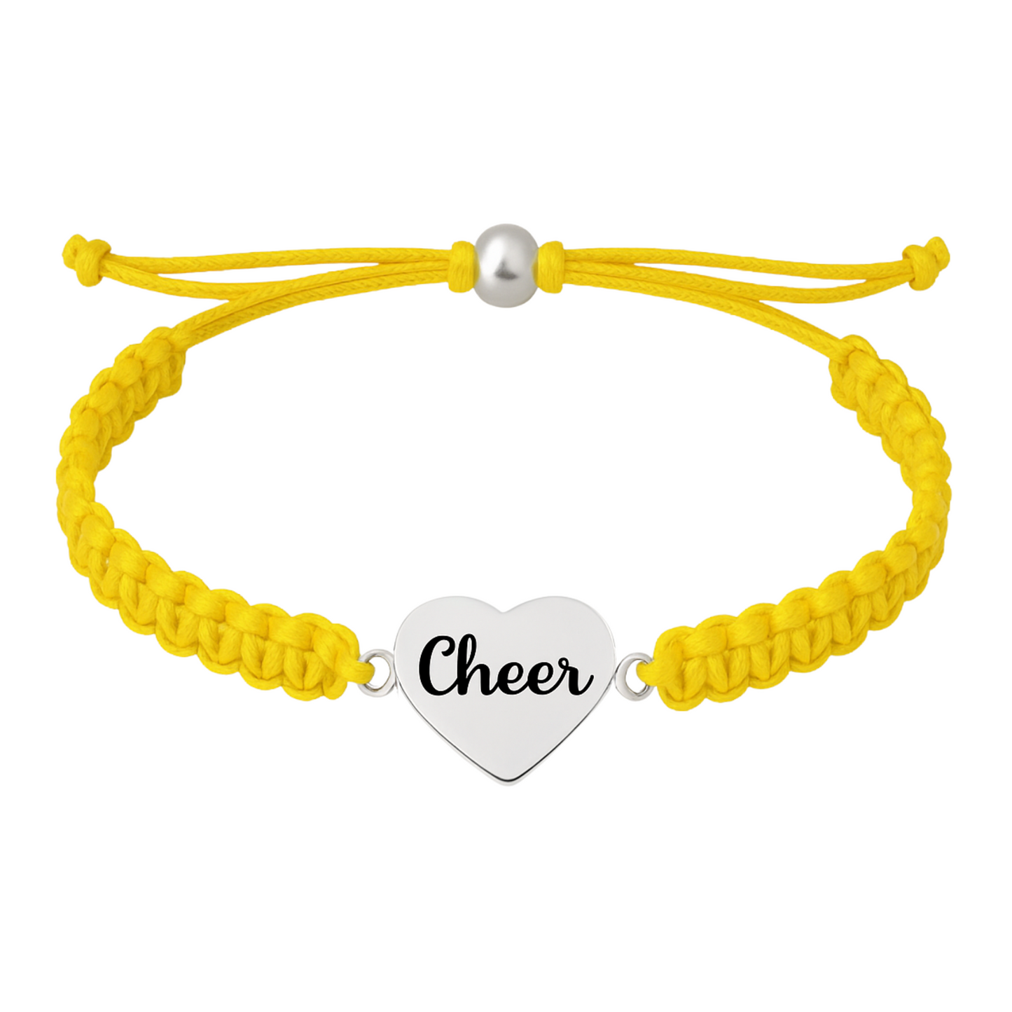 Yellow cheerleader bracelet with braided cord and stainless steel heart charm, rust-resistant design