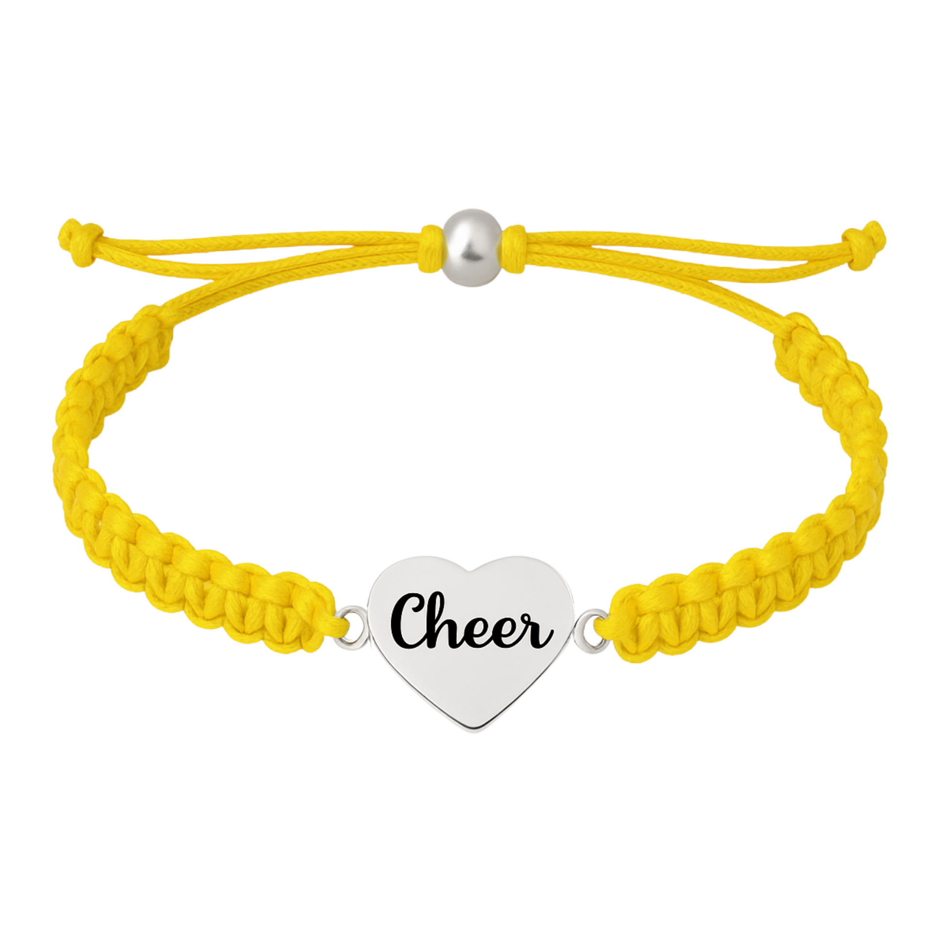 Yellow cheerleader bracelet with braided cord and stainless steel heart charm, rust-resistant design