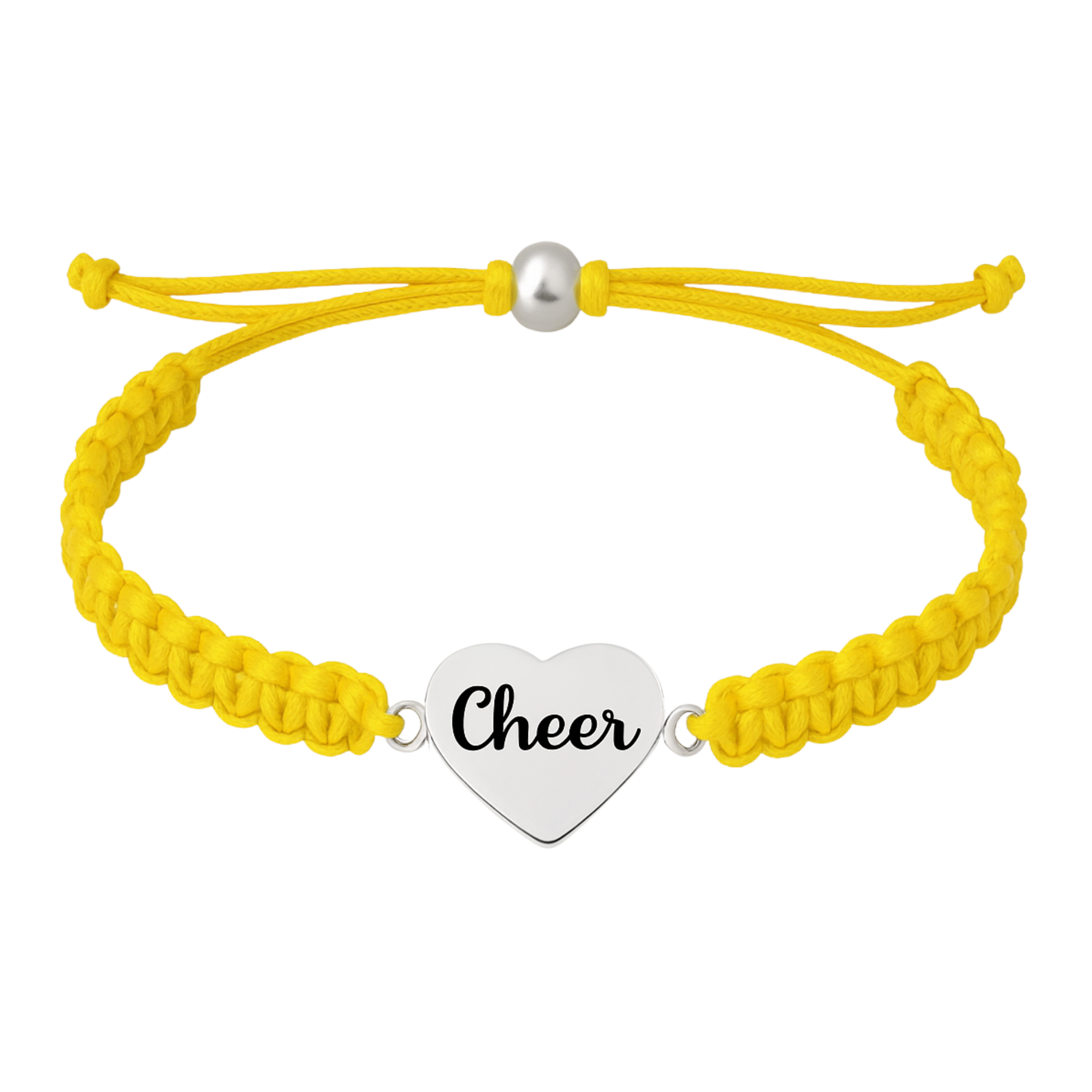 Yellow cheerleader bracelet with braided cord and stainless steel heart charm, rust-resistant design