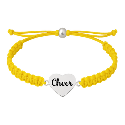 Yellow cheerleader bracelet with braided cord and stainless steel heart charm, rust-resistant design
