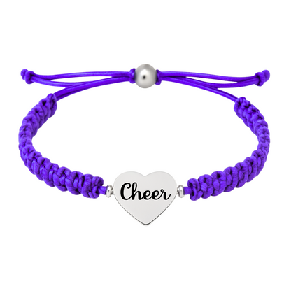 Purple braided cheer bracelet with silver heart charm engraved with "Cheer," adjustable slip knot design