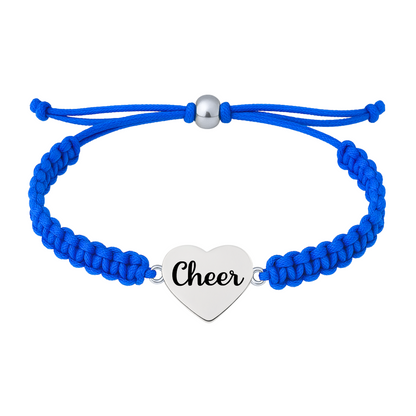 Royal blue cheer bracelet with silver "Cheer" heart charm and adjustable rope band